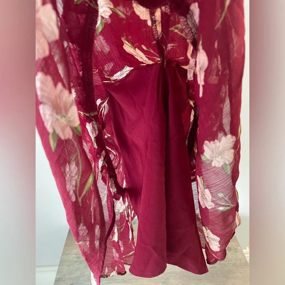 LucyParis, burgundy floral high neck dress with sheer puff sleeves, size XS, EUC - Picture 6 of 8